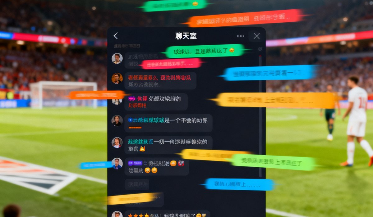 JRS低调看直播间聊天室界面，五彩弹幕在屏幕上飘过，球迷们热情讨论比赛