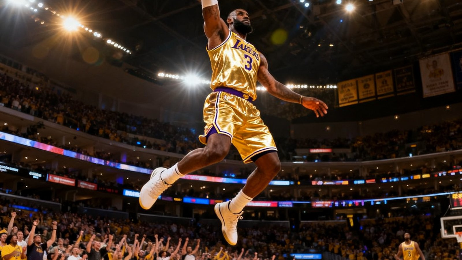 NBA总决赛直播画面，勒布朗·詹姆斯在金色球衣下飞身暴扣，球馆内万人欢呼灯光璀璨